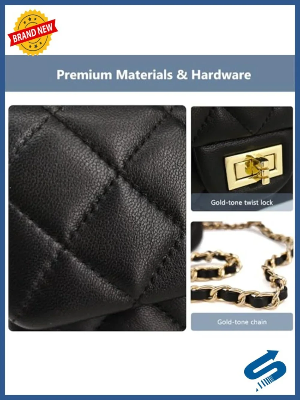 Small Quilted Crossbody Bag with Gold Chain Strap & Top Handle